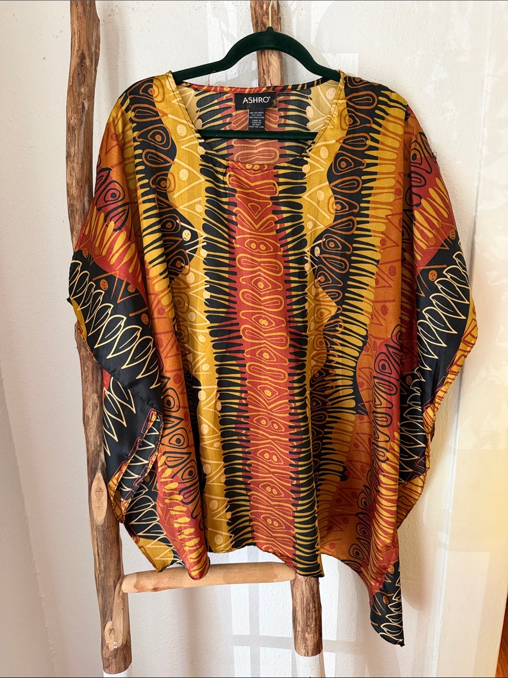 Ashro Caftan Style Asymmetrical Tunic Tribal Print Shirt Yellow, Rust Black OS
